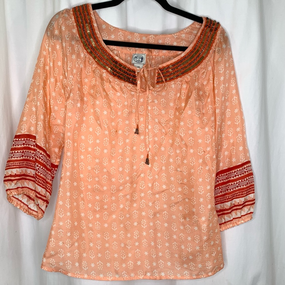 Irving & Fine Silk Blouse  Peach BoHo Style with Sequins and Beads XS